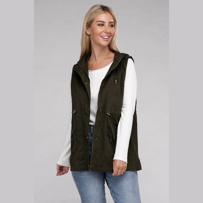 ZENANA hooded military vest for women in olive green with adjustable waist for a stylish look