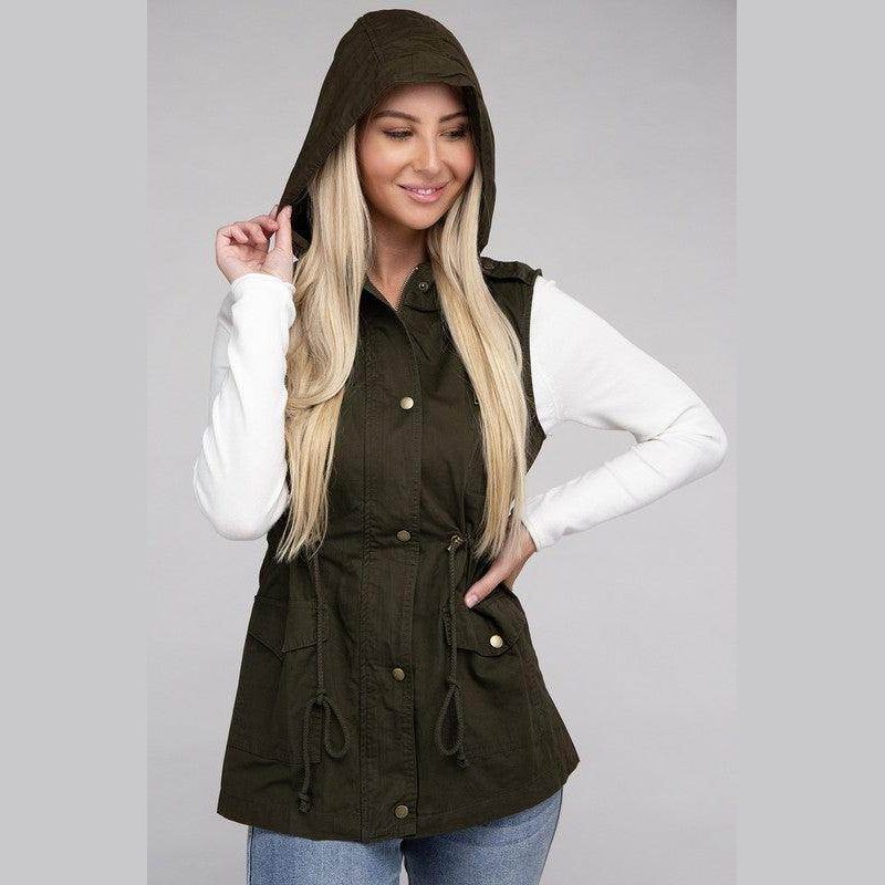 ZENANA hooded military vest for women in dark green with adjustable drawstring and pockets