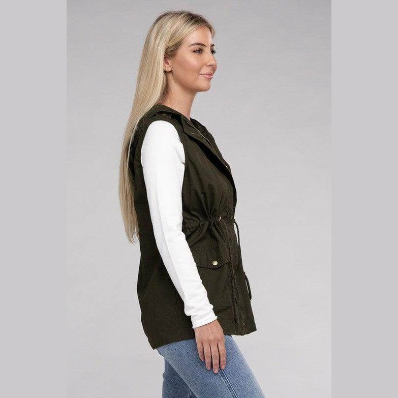 Stylish hooded military vest for women in olive green with adjustable drawstring and side pockets