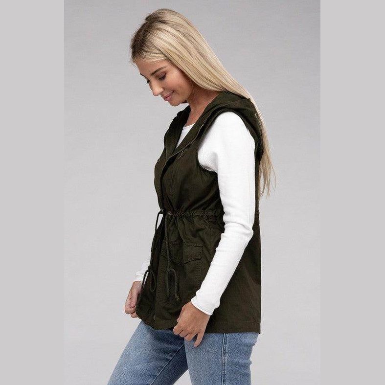 ZENANA hooded military vest for women in olive green with drawstring waist and pockets