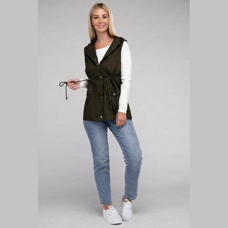 ZENANA hooded military vest for women in olive green with adjustable drawstring waist