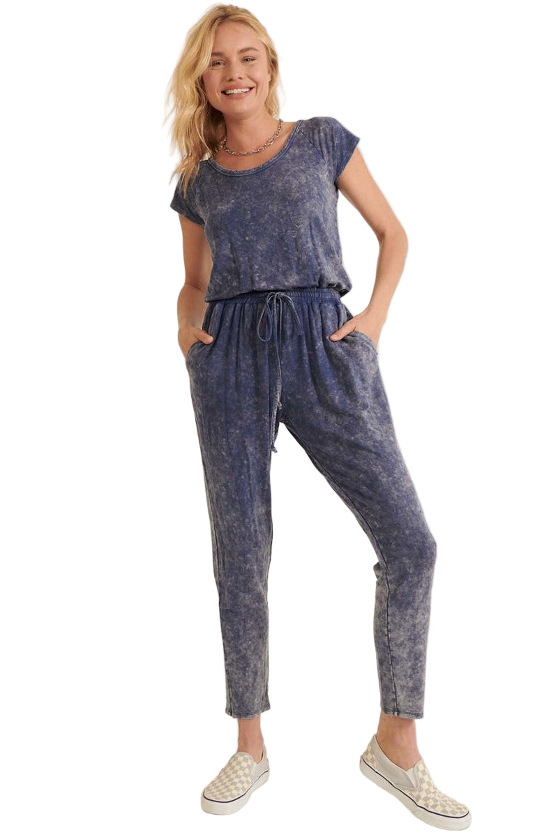Women's mineral washed knit jumpsuit in blue with short sleeves and drawstring waist for casual comfort