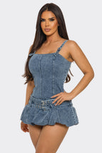 Denim mini dress with adjustable straps, perfect for summer outings