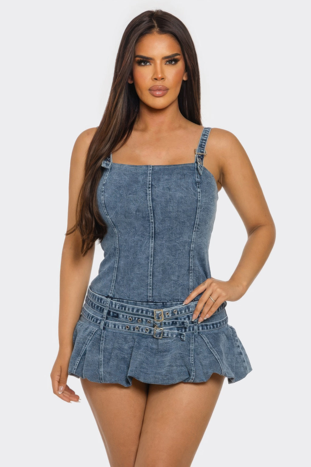 Women's denim mini dress with ruffled hem for casual outings