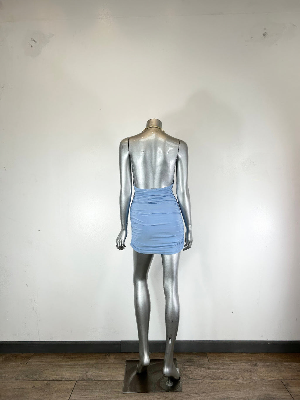 Women's light blue mini dress with built-in necklace for clubwear