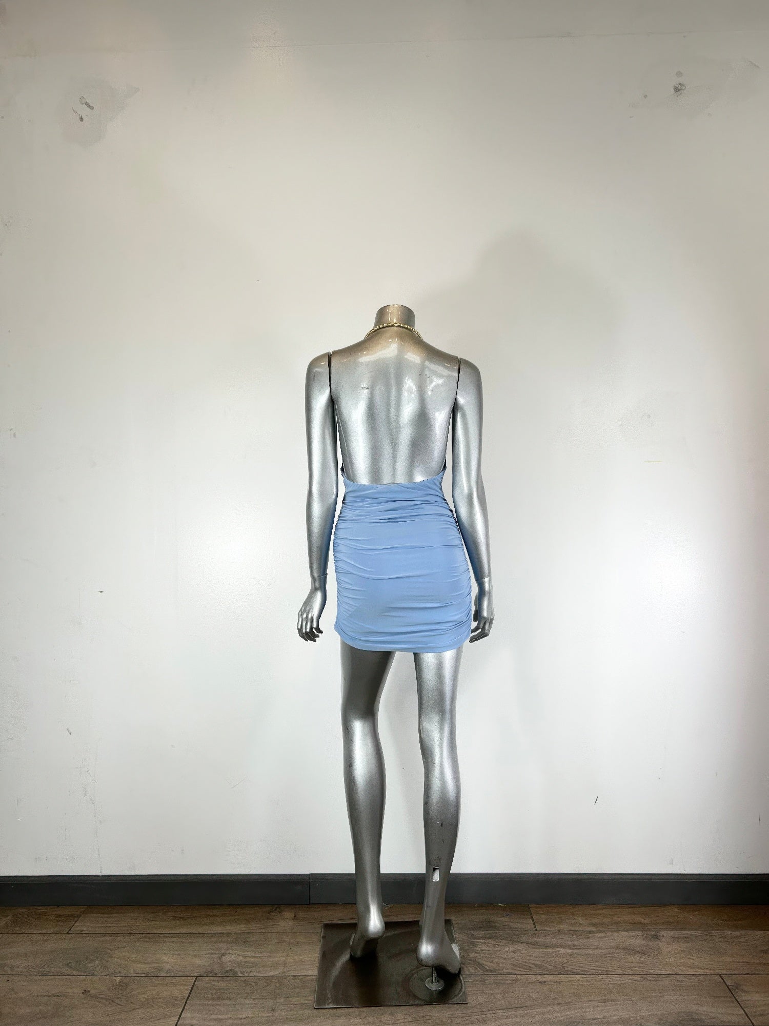 Women's light blue mini dress with built-in necklace for clubwear