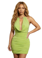Women's green mini dress with built-in necklace, perfect for clubwear