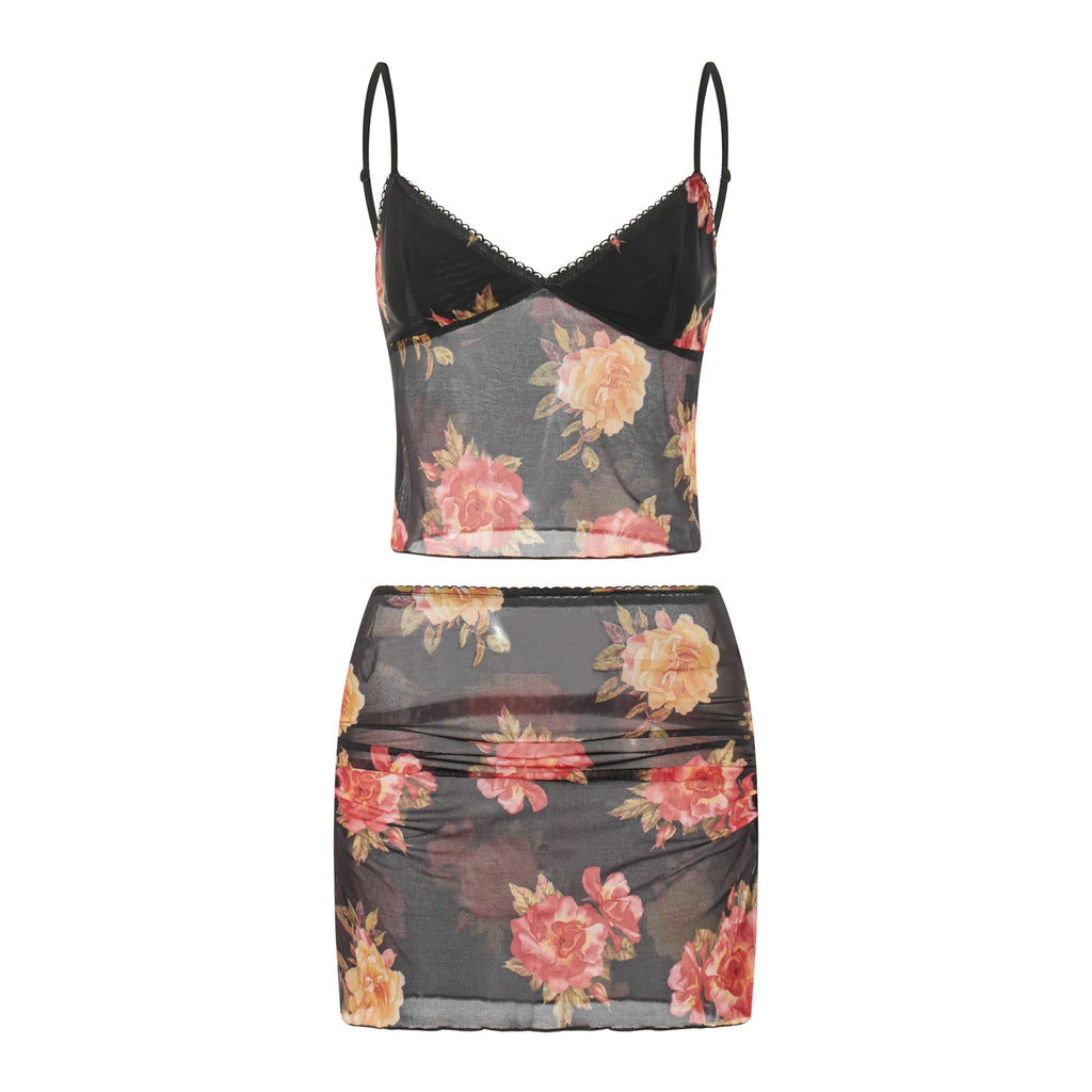 Women's floral mini skirt and matching top for summer outings