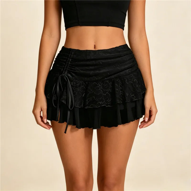 Women's black mini skirt with layered ruffles, perfect for summer outings