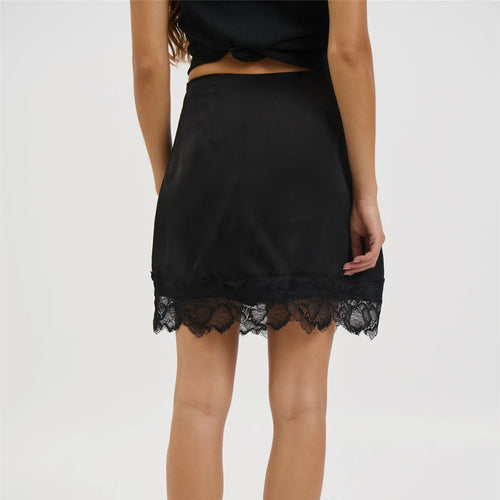 Women's black mini skirt, satin material with lace trim