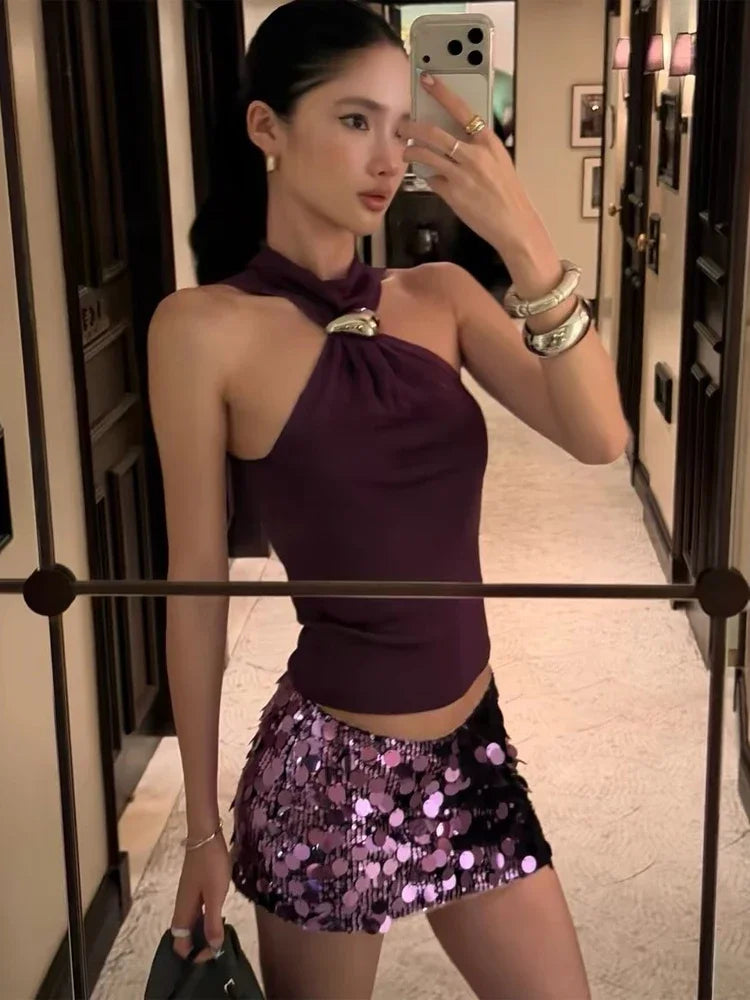 Women's purple mini skirt with sequin detailing for stylish outings