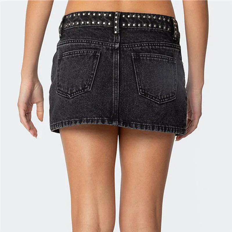 Black denim mini skirt with studded waistband, casual style
