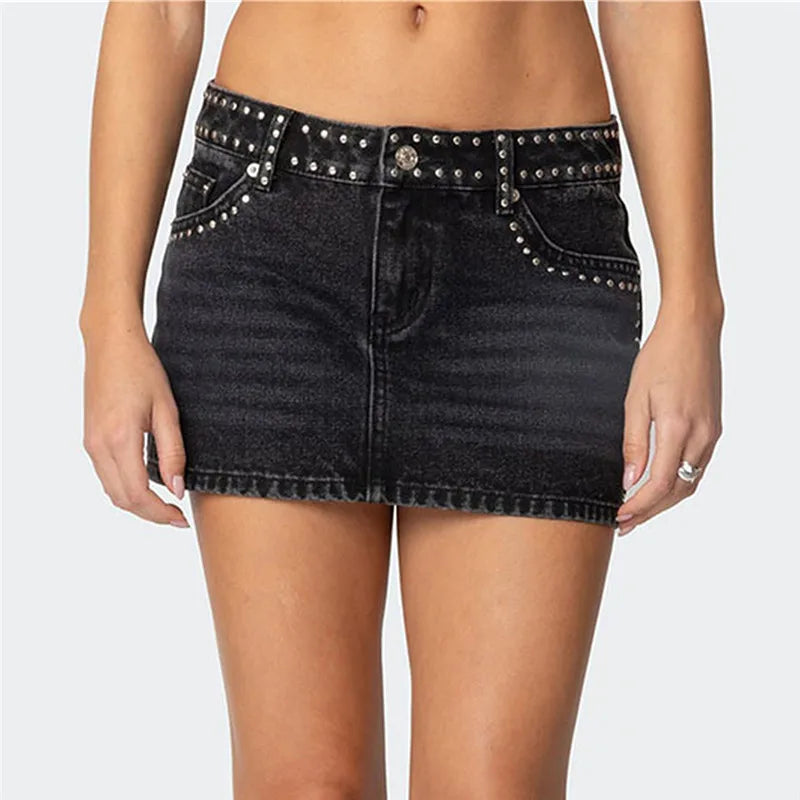 Black denim mini skirt with studded details for casual outings