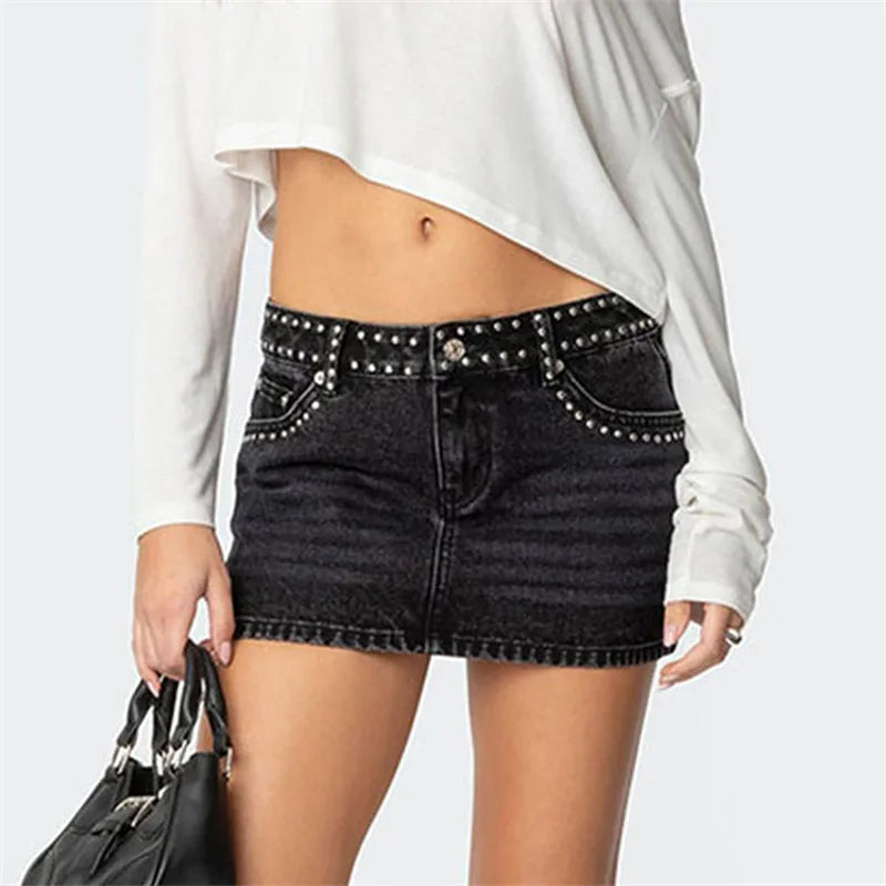 Black mini skirt denim with studded accents for trendy fashion