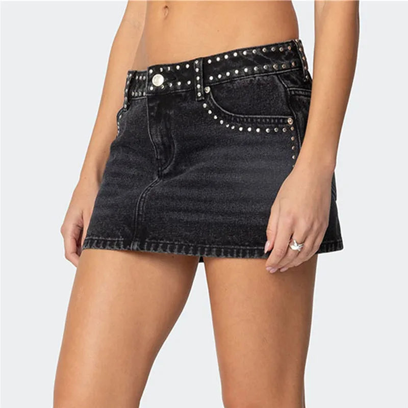 Women's black mini skirt denim with studded waistband, casual wear