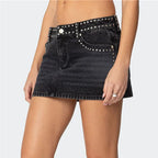 Women's black mini skirt denim with studded waistband, casual wear