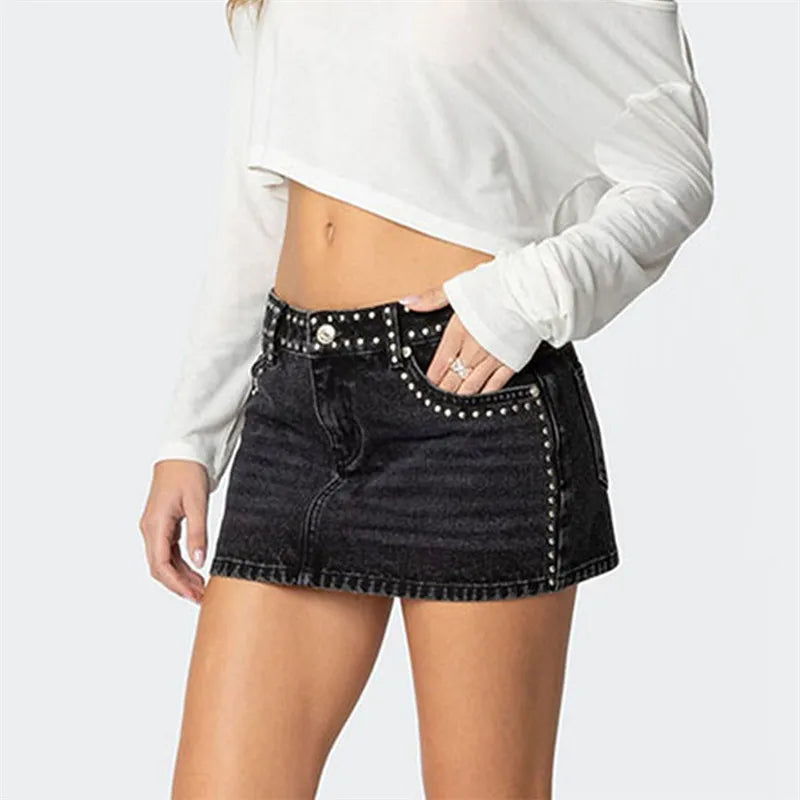 Women's black mini skirt denim with studded details for casual outings