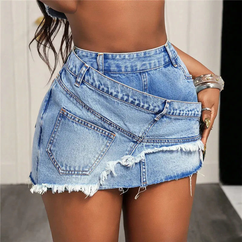 Women's mini skirt denim, distressed style for casual outings