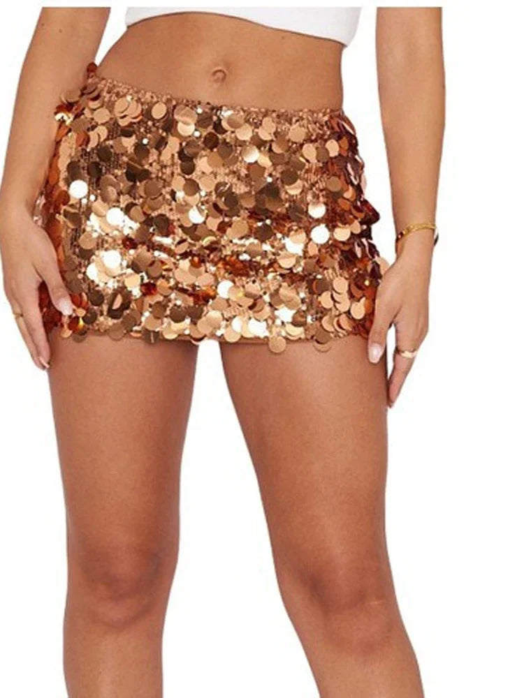 Women's shiny rose gold mini skirt, perfect for parties