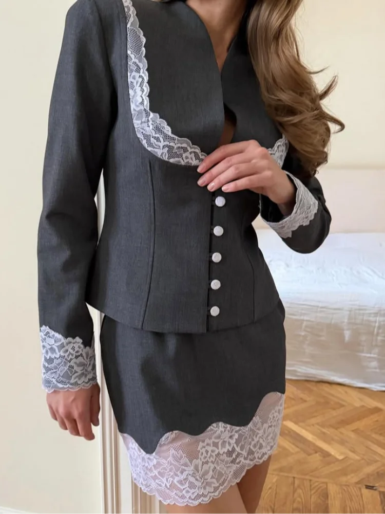Gray mini skirt set with lace trim, perfect for stylish events