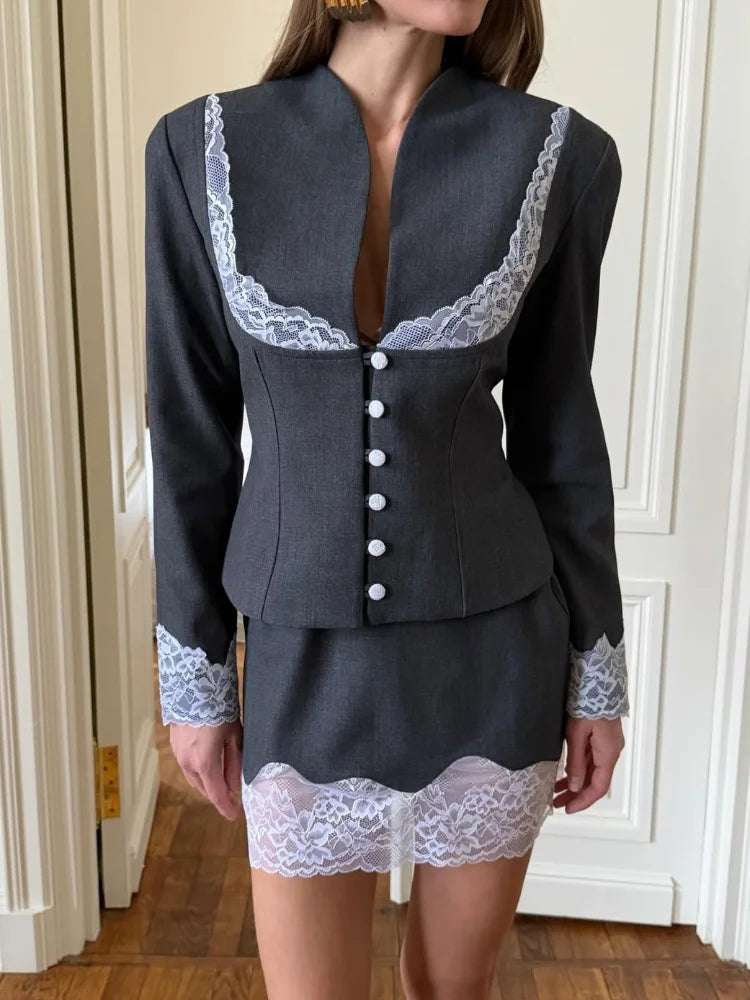 Women's gray mini skirt with lace trim, perfect for stylish outings