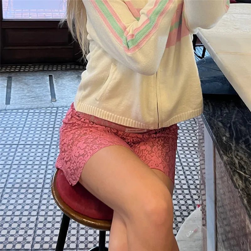 Pink lace mini skirt, perfect for casual summer outings