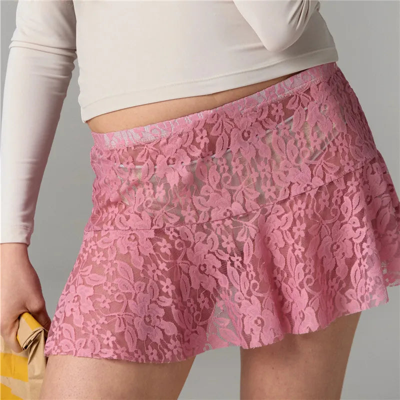 Women's pink mini skirt lace for summer beach outings