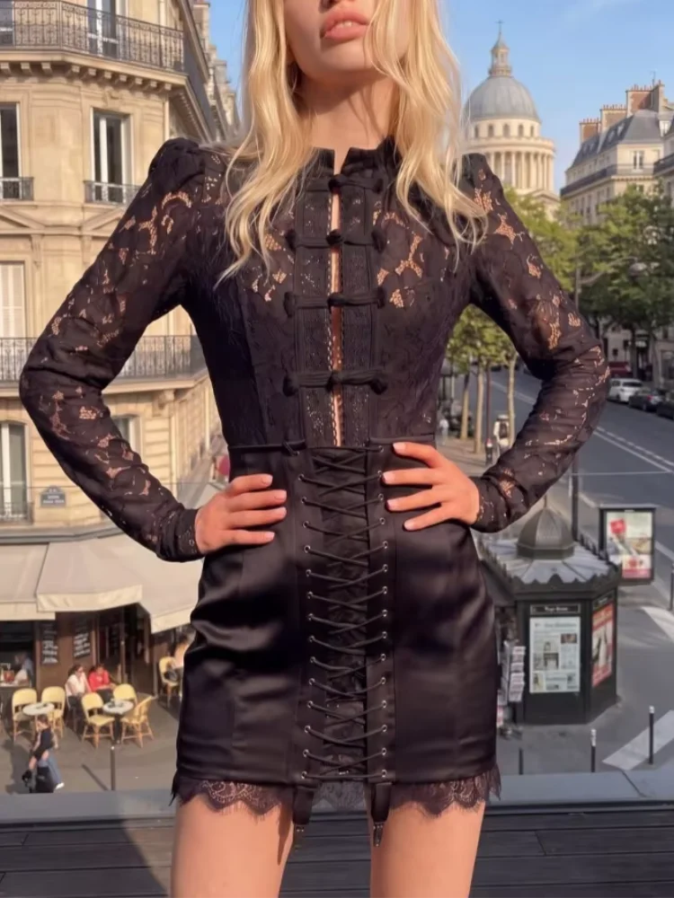 Black mini skirt with lace detailing, perfect for evening outings