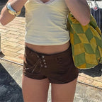 Women's brown mini skirt shorts with lace-up front for summer outings