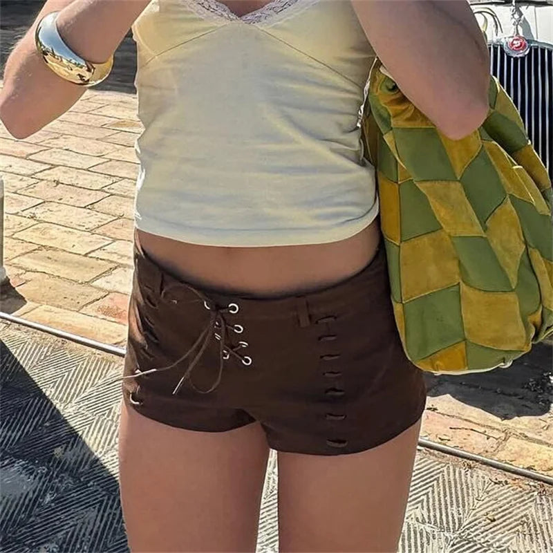 Women's brown mini skirt shorts with lace-up front for summer outings