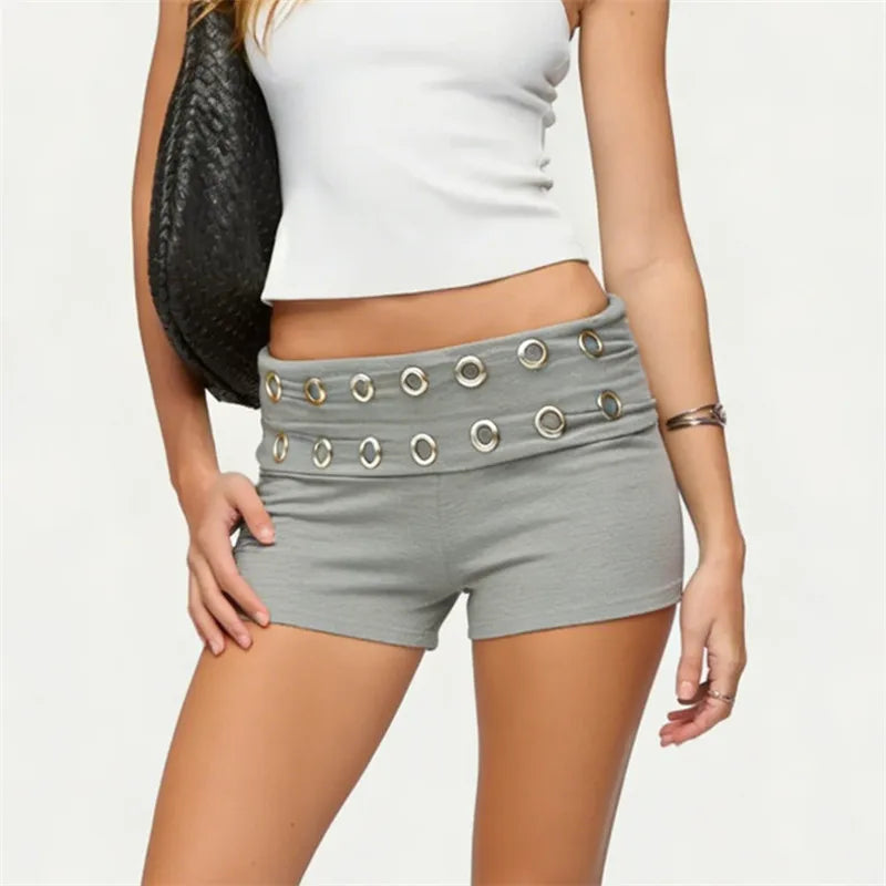 Women's gray mini skirt shorts with decorative grommet details