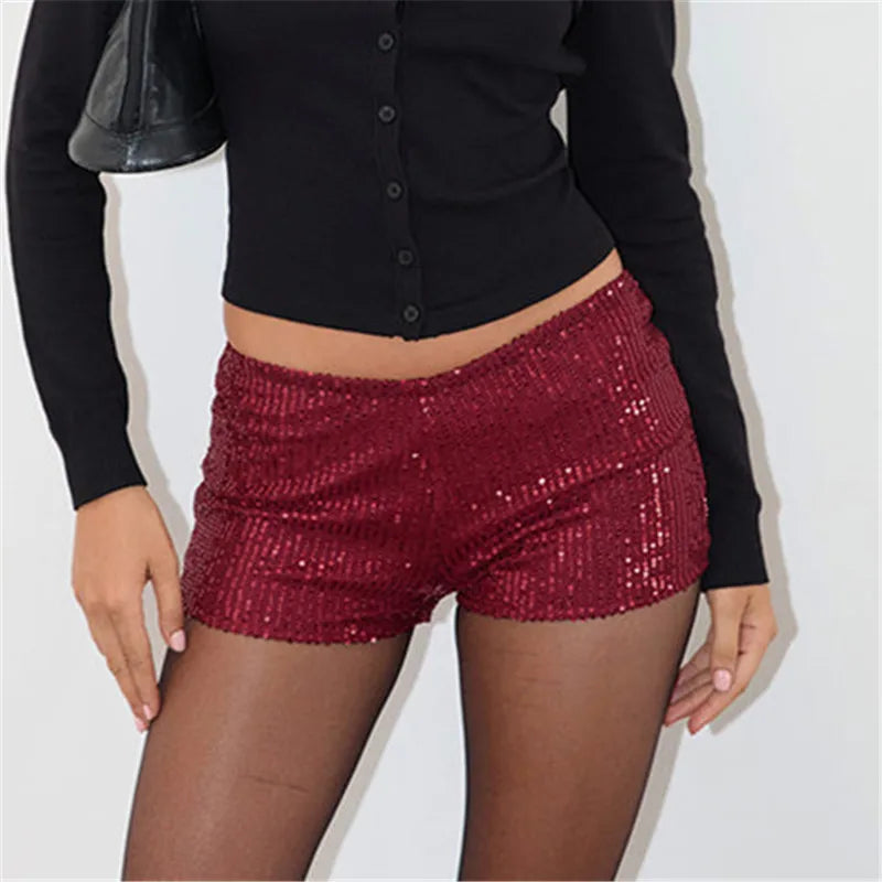 Women's burgundy mini skirt shorts, sequin material, perfect for parties