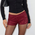 Women's burgundy mini skirt shorts, sequin material, perfect for parties