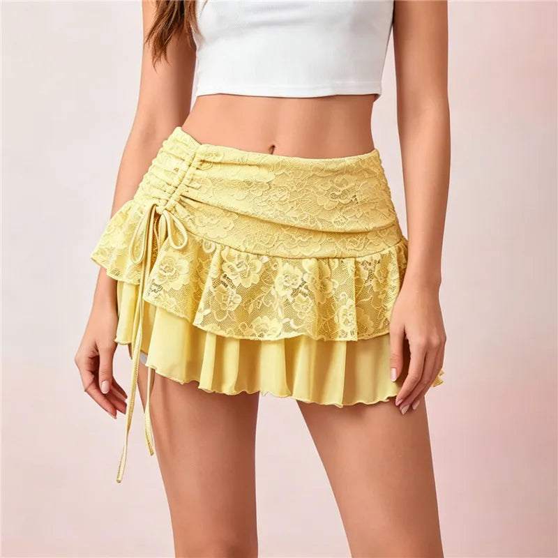 Women's yellow lace mini skirt, perfect for summer outings