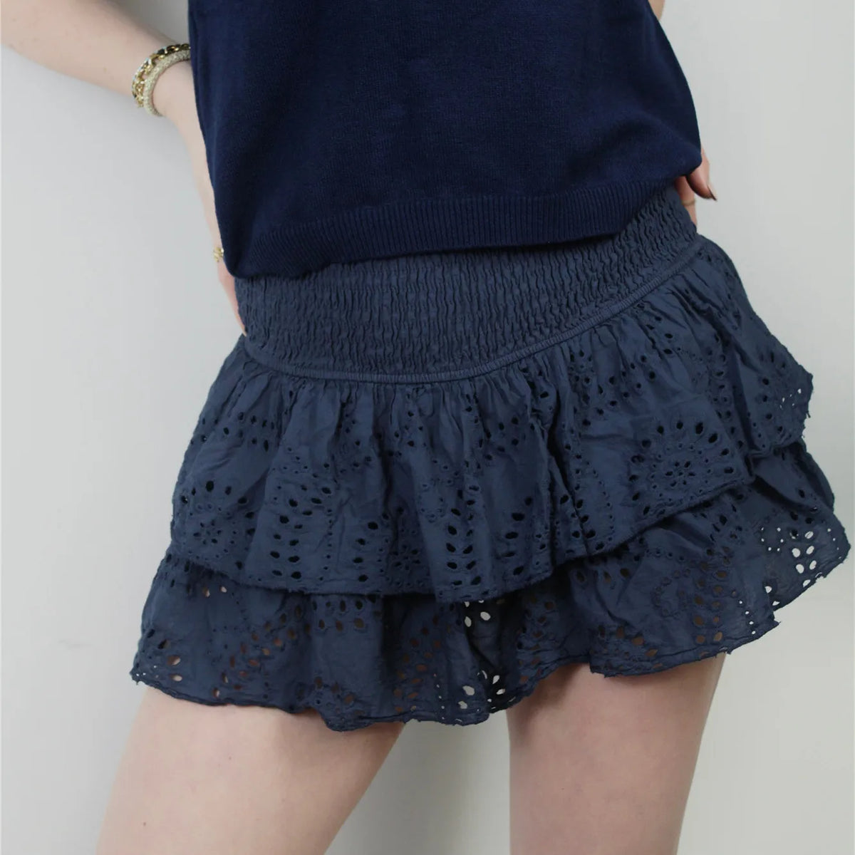 Women's navy blue mini skirt, cotton eyelet fabric, stylish summer wear
