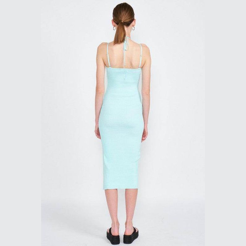 Back view of a mint midi dress for women with spaghetti straps and a fitted silhouette