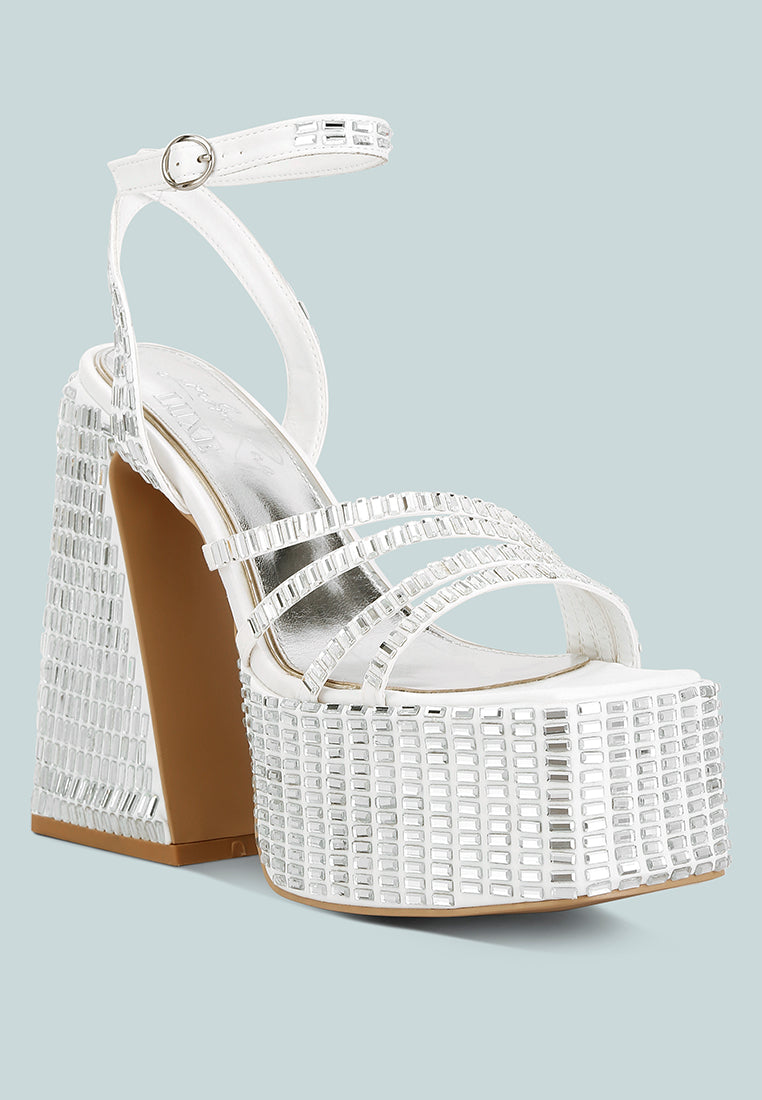 White mirror embellished block heel sandals with stylish straps for trendy women's footwear