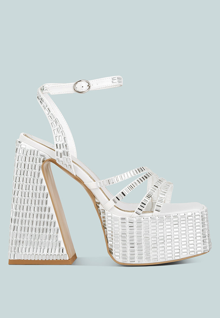 London Rag International mirror embellished block heel sandals in white with stylish straps and a chunky heel
