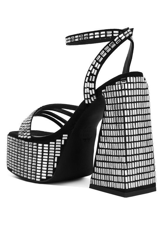 Women's mirror embellished flare heel sandals for stylish occasions