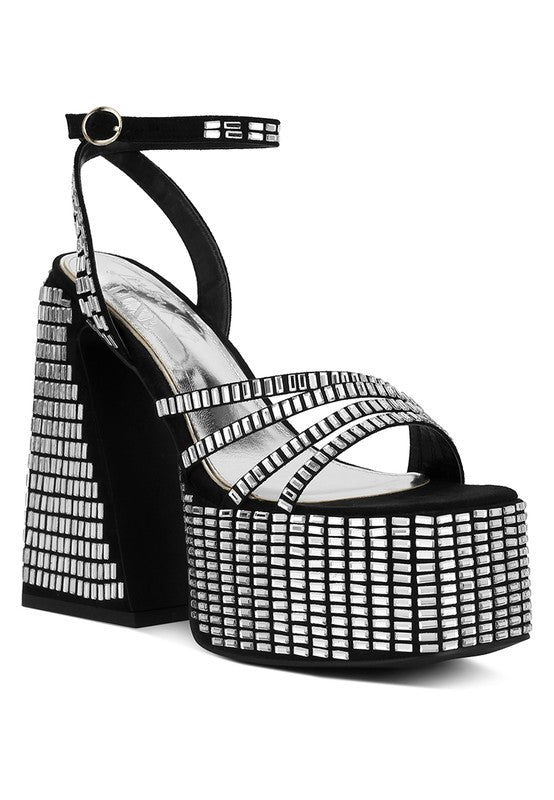 Women's black mirror embellished flare heel sandals for stylish occasions