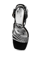 women's black mirror embellished flare heel sandals for evening wear