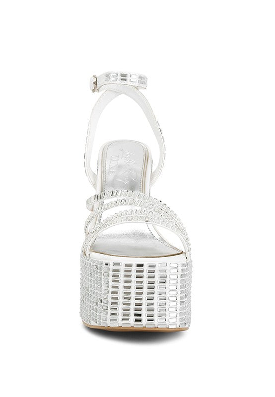 Women's mirror embellished flare heel sandals, stylish party footwear