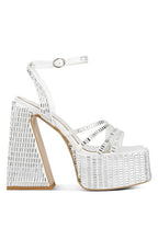 Women's mirror embellished flare heel sandals in white for stylish occasions