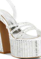 Women's mirror embellished flare heel sandals, stylish white for special occasions