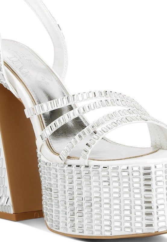 Women's mirror embellished flare heel sandals, stylish white for special occasions