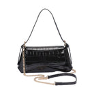 Stylish black mirror finish evening bag for women with a chain strap and textured design