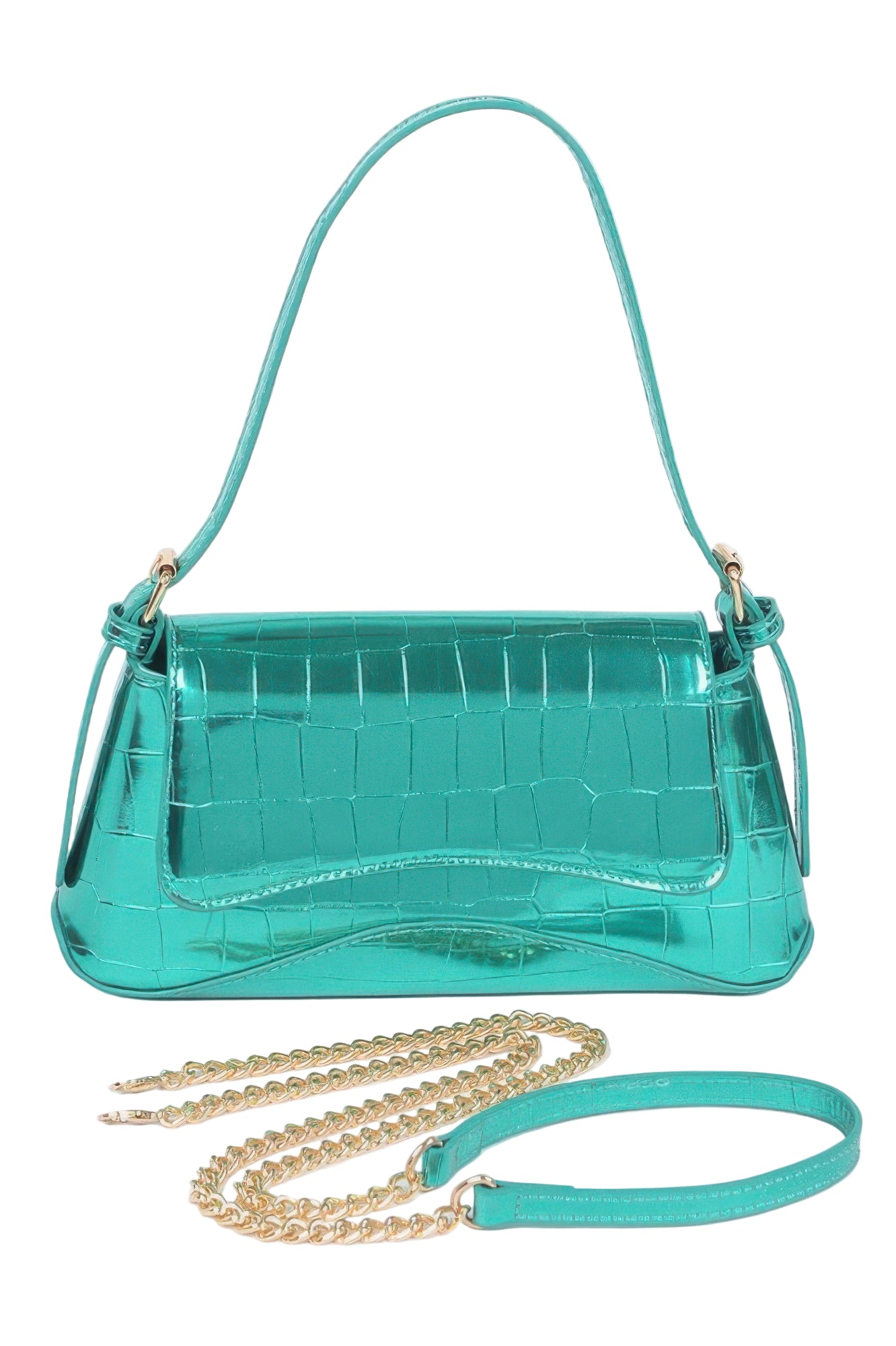 Teal mirror finish evening bag for women with adjustable chain and shoulder straps
