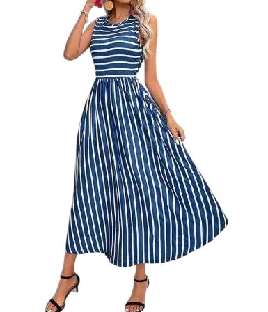Women's Vacation Striped Sleeveless High-Low Midi Dress