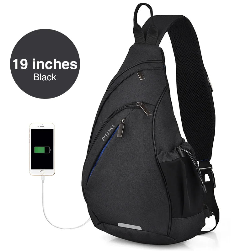 Black bag with sling for travel with USB charging port