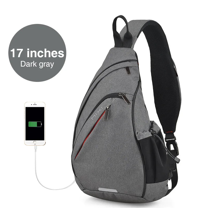 Dark gray bag with sling, 17-inch backpack with USB charging port
